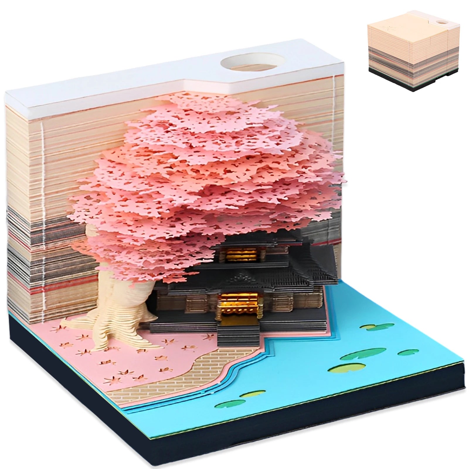 Calendrier 3D Arbre Sakura rose et Maison